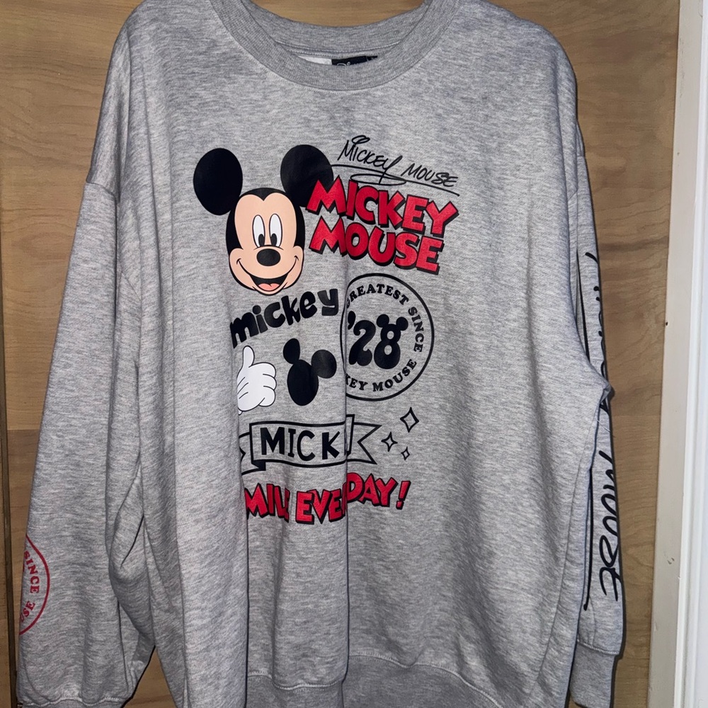 Disney Gray Mickey Mouse Graphic Sweatshirt with Red and Black Accents